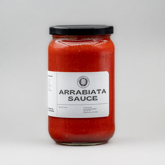 Sealed glass jar of small-batch local NY arrabiata tomato sauce by Sycamore Farms, produced by M&K Provisions