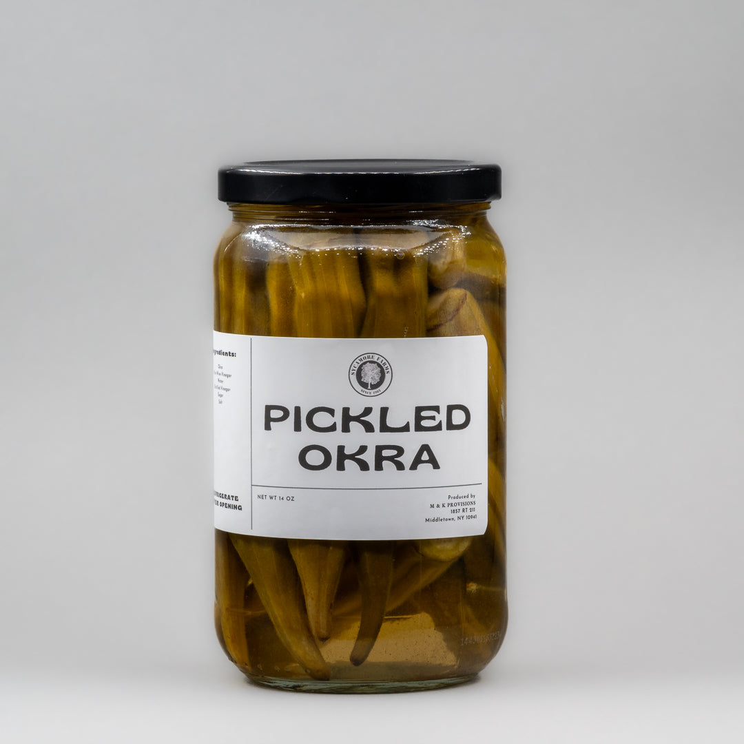 Sealed glass jar of small-batch local NY okra by Sycamore Farms, produced by M&K Provisions