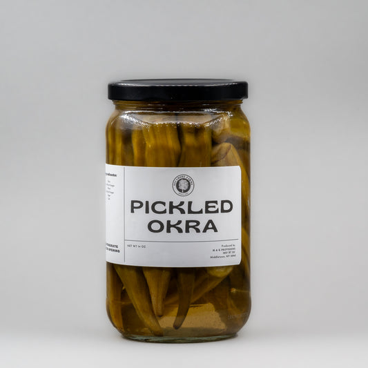 Sealed glass jar of small-batch local NY okra by Sycamore Farms, produced by M&K Provisions