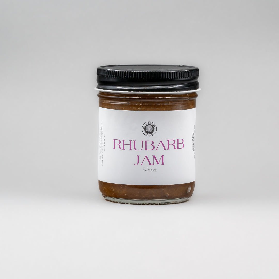 Sealed glass jar of small-batch local NY rhubarb jam by Sycamore Farms, produced by M&K Provisions